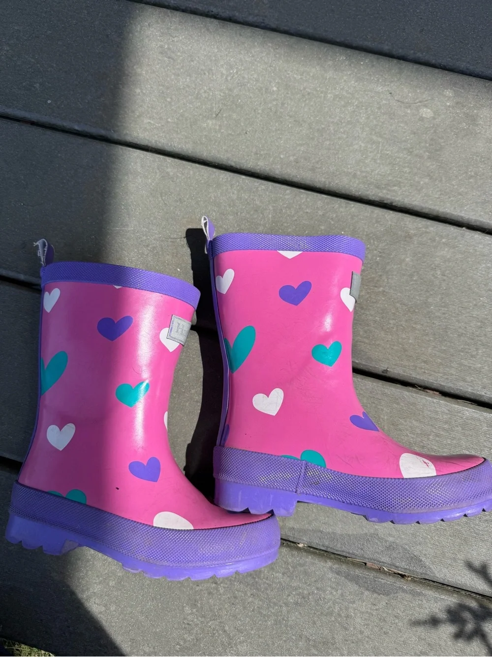 HATLEY Girls Pink Heart Rain Boots with Purple Trim